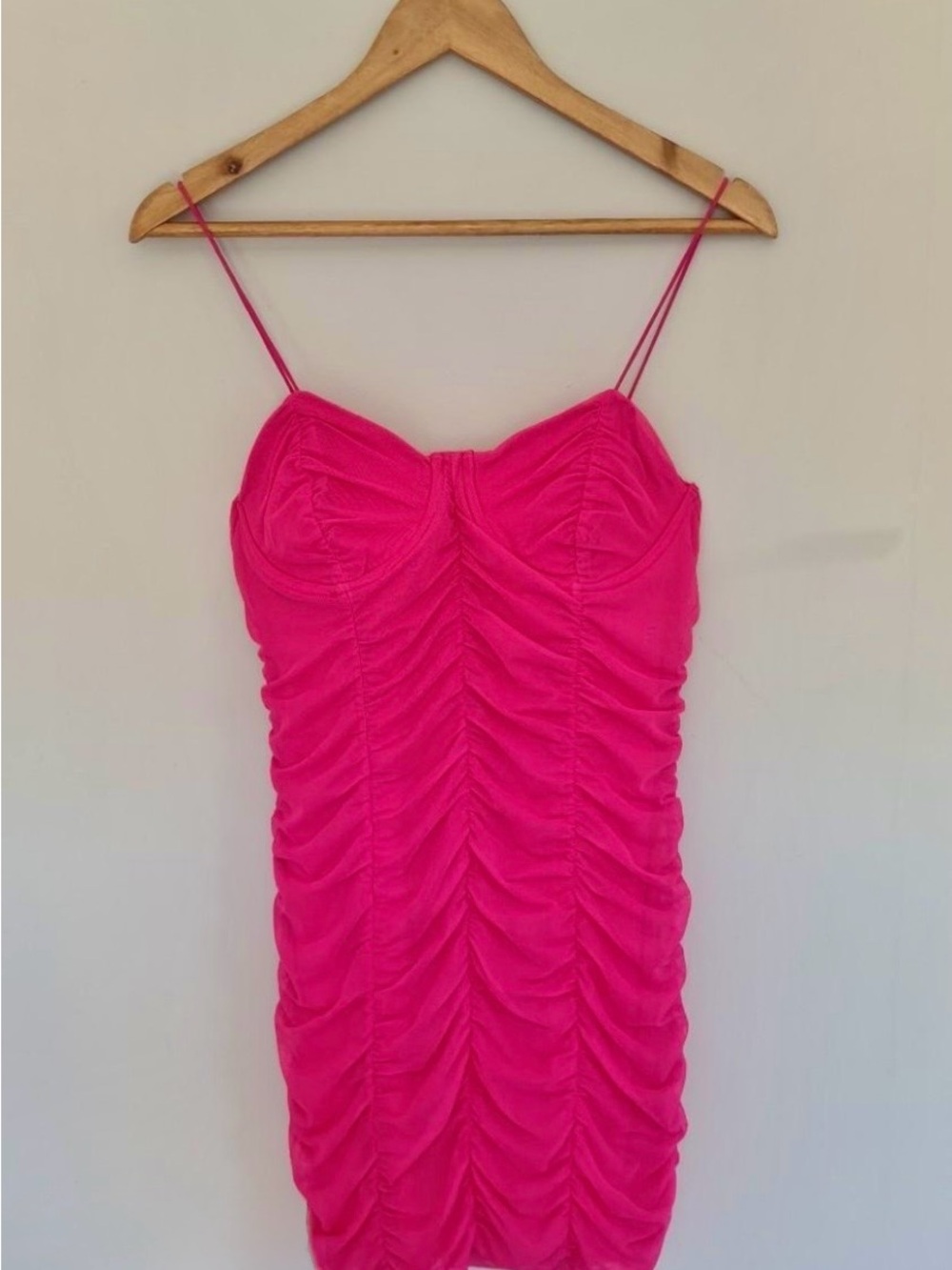 Zara Hot Pink Ruched Midi Dress with Spaghetti Straps